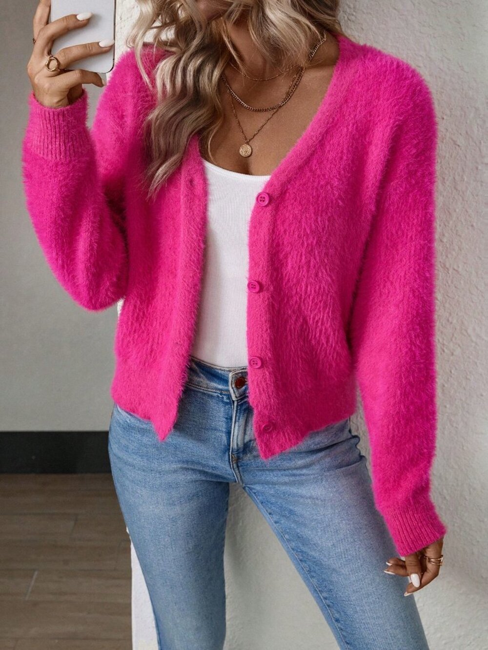 Hot Pink Casual Women's Drop Shoulder Button Front Fluffy Knit Cardigan - Picture 4 of 7